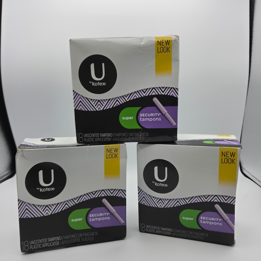 U by Kotex Security Super Tampons Unscented Plastic Applicator 3 Boxes 18 Count